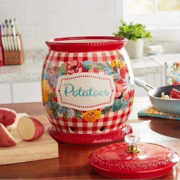 🦋 New Pioneer Woman Sweet Romance Red Gingham Ceramic Potatoes Keeper with Lid - Picture 2 of 9